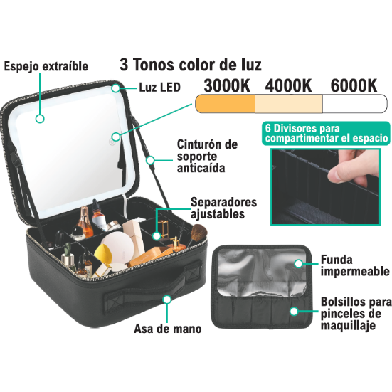 Maletín de maquillaje con espejo LED